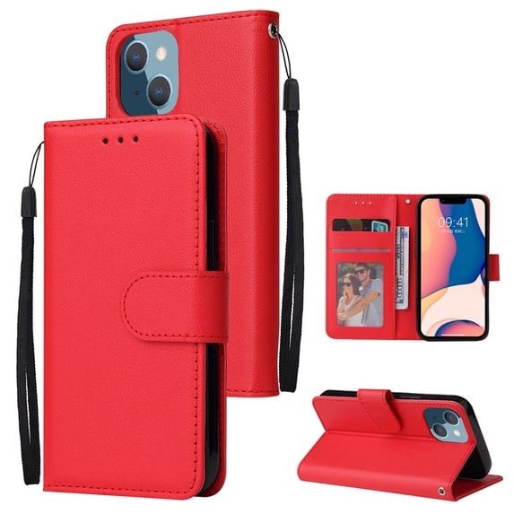 SaniMore for iPhone 14 Plus 6.7" PU Leather Case, Magnetic Closure Flip Wallet Cover with Wrist Strap Card Slot & Multi-Angle Kickstand All-Inclusive Protective Shell, Red