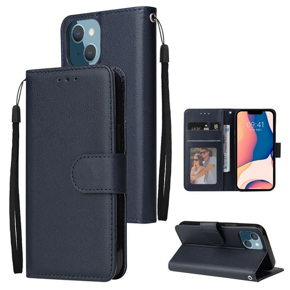 SaniMore for iPhone 14 Plus 6.7" PU Leather Case, Magnetic Closure Flip Wallet Cover with Wrist Strap Card Slot & Multi-Angle Kickstand All-Inclusive Protective Shell, Darkblue