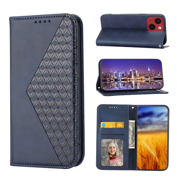 SaniMore for iPhone 14 Plus 6.7" PU Leather Case RFID Blocking, Magnetic Closure Flip Wallet Cover with Wrist Strap Card Slot & Multi-Angle Kickstand All-Inclusive Protective Shell, Blue