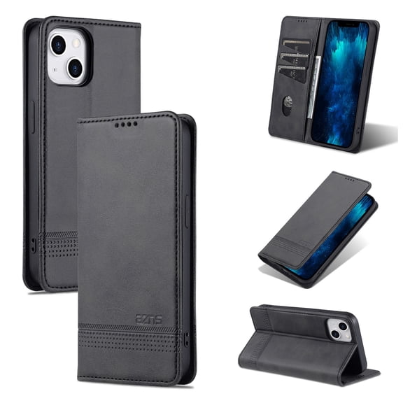 SaniMore for iPhone 14 Plus 6.7" PU Leather Case, Solid Color Magnetic Closure Flip Wallet Cover Built-in 3 Card Slots & Multi-Angle Kickstand Full Body Protective Shell, Black
