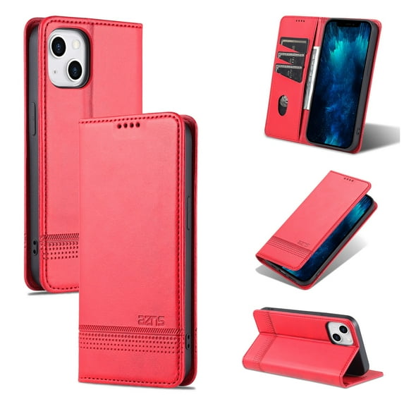 SaniMore for iPhone 14 Plus 6.7" PU Leather Case, Solid Color Magnetic Closure Flip Wallet Cover Built-in 3 Card Slots & Multi-Angle Kickstand Full Body Protective Shell, Red