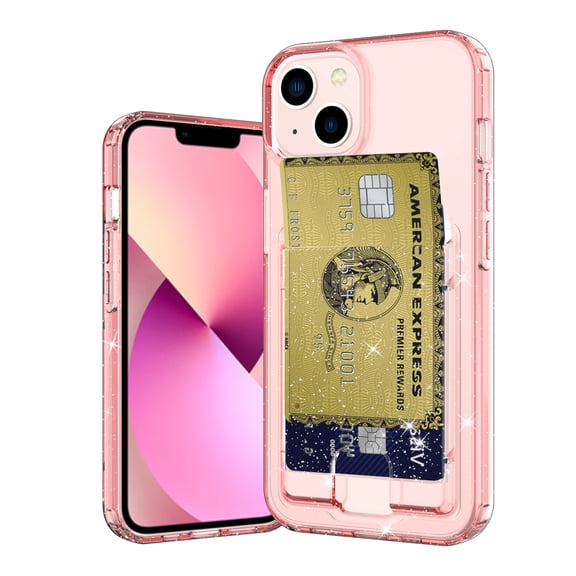 SaniMore for iPhone 14 Plus 6.7" Translucent Glitter Case, Rugged PC Back & Soft TPU Bumpers Case with Card Slot Shockproof Protective Case for iPhone 14 Plus Women Ladies Girls, Pink