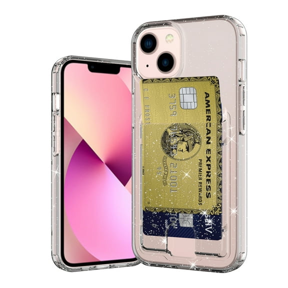 SaniMore for iPhone 14 Plus 6.7" Translucent Glitter Case, Rugged PC Back & Soft TPU Bumpers Case with Card Slot Shockproof Protective Case for iPhone 14 Plus Women Ladies Girls, Black