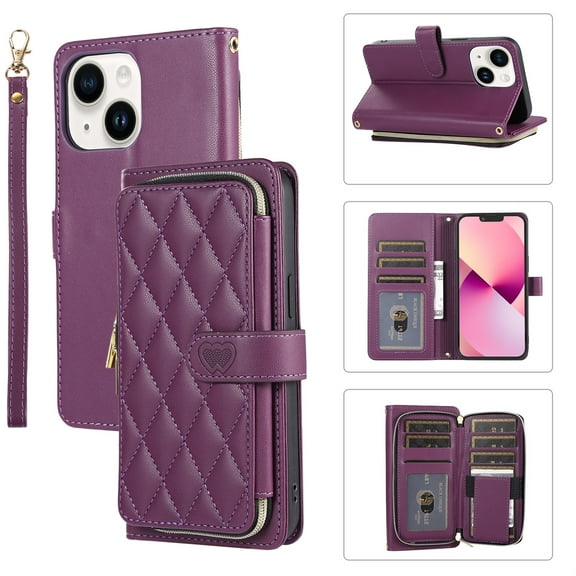 SaniMore for iPhone 14 Plus Buisness Case, Zipper Purse [Card Holders] Magnetic Clasp Flip Kickstand Wrist/Crossbody Lanyard PU Leather Wear-resistant Full Body Protective Wallet Shell, Darkpurple