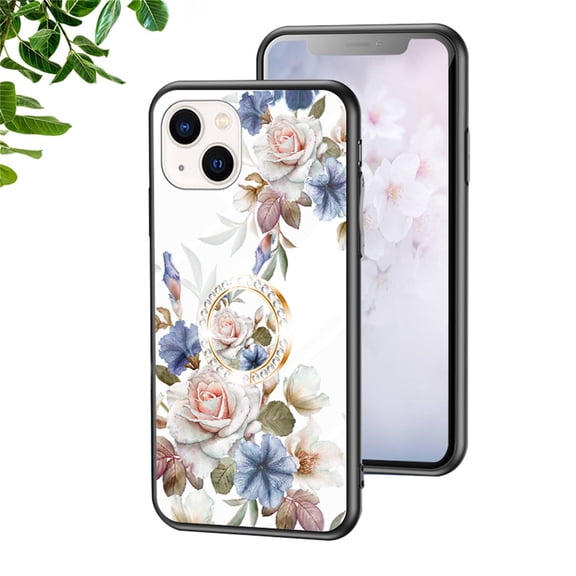 SaniMore for iPhone 14 Plus Case, 31 Diamonds Glass Vehicle Magnetic Support Flexible TPU Flower Pattern Cover with 360° Rotatable Ring Kickstand Shockproof Protective Shell, White Flower