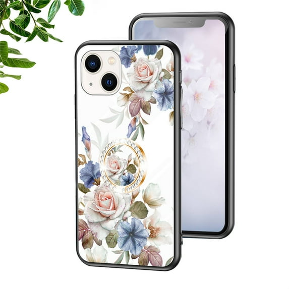 SaniMore for iPhone 14 Plus Case, 31 Diamonds Glass Vehicle Magnetic Support Flexible TPU Flower Pattern Cover with 360° Rotatable Ring Kickstand Shockproof Protective Shell, White Flower