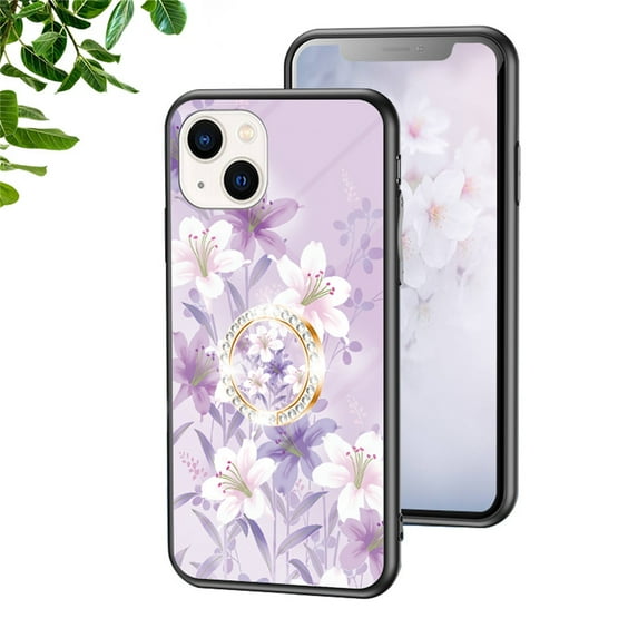SaniMore for iPhone 14 Plus Case, 31 Diamonds Glass Vehicle Magnetic Support Flexible TPU Flower Pattern Cover with 360° Rotatable Ring Kickstand Shockproof Protective Shell, Purple Flower