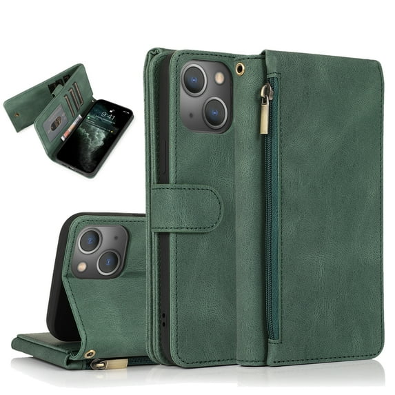 SaniMore iPhone 14 Plus Case (6.7" 2022) with Zipper Wallet & Wrist Strap & Magnetic Closure Card Slots Kickstand Shockproof Anti-drop Slim Full-around Protective Business Cover, Darkgreen