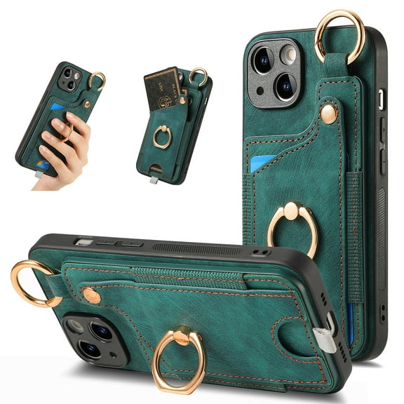 SaniMore for iPhone 14 Plus Case, Card Slots [Up to 2] Carabiner Finger Ring Stand Magnetic Car Mount PU Leather Skin Soft Shockproof TPU Anti-drop Anti-scratch Wallet Shell for iPhone 14 Plus - Green