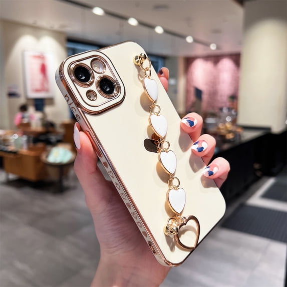 SaniMore for iPhone 14 Plus Case, Love Pattern Cover with Heart Bracelet Hand Strap for Ladies Girls Women Hand Chain Rear Camera Protection Soft TPU Shockproof Protective Shell, White