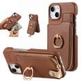 thumbnail image 1 of SaniMore for iPhone 14 Plus Case, PU Leather Zipper Purse RFID Blocking Card Slots Flip Kickstand Metal Finger Ring Magnetic Car Mount Shockproof Anti-fall Rugged Wallet Shell for Ladies Men, Brown, 1 of 10