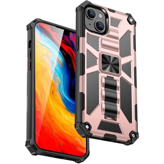 SaniMore for iPhone 14 Plus Case, Rugged PC CD Magnetic Cover Built-in Car Mount & Folding Kickstand Military Grade Shockproof Heavy Duty Protective Shell for iPhone 14 Plus Women Men, Rosegold
