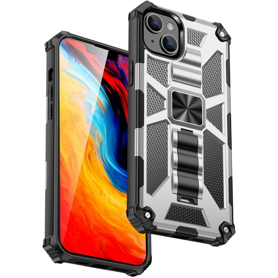 SaniMore for iPhone 14 Plus Case, Rugged PC CD Magnetic Cover Built-in Car Mount & Folding Kickstand Military Grade Shockproof Heavy Duty Protective Shell for iPhone 14 Plus Women Men, Silver