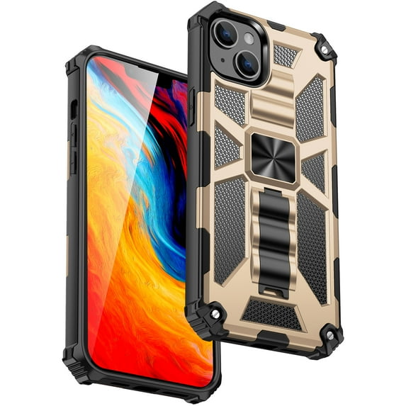 SaniMore for iPhone 14 Plus Case, Rugged PC CD Magnetic Cover Built-in Car Mount & Folding Kickstand Military Grade Shockproof Heavy Duty Protective Shell for iPhone 14 Plus Women Men, Gold