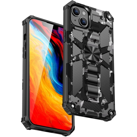 SaniMore for iPhone 14 Plus Case, Rugged PC & Soft TPU CD Magnetic Cover Built-in Car Mount & Multi-View Kickstand Camouflage Military Grade Shockproof Heavy Duty Protective Shell, Black