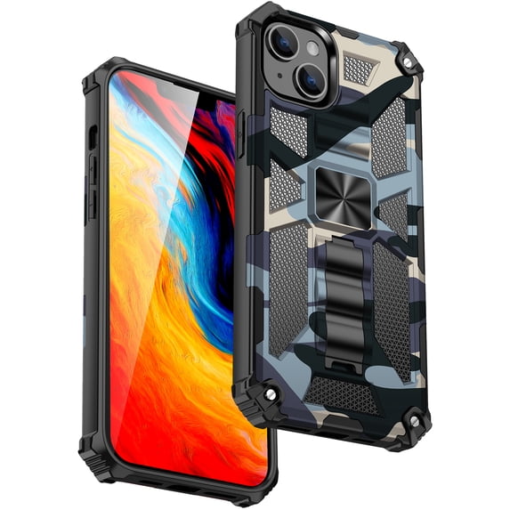 SaniMore for iPhone 14 Plus Case, Rugged PC & Soft TPU CD Magnetic Cover Built-in Car Mount & Multi-View Kickstand Camouflage Military Grade Shockproof Heavy Duty Protective Shell, Lightblue