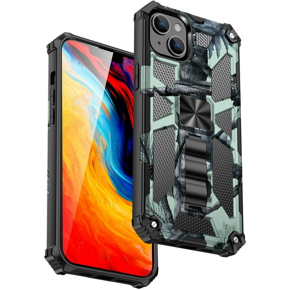 SaniMore for iPhone 14 Plus Case, Rugged PC & Soft TPU CD Magnetic Cover Built-in Car Mount & Multi-View Kickstand Camouflage Military Grade Shockproof Heavy Duty Protective Shell, Mint