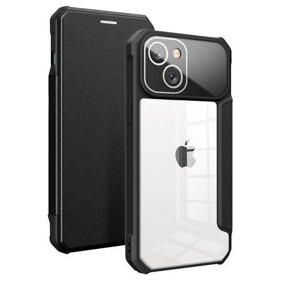 SaniMore for iPhone 14 Plus Case Transparent PC & Soft TPU Built-in Electroplated Lens Ring, Magnetic Flip Cover with Card Slot & Kickstand Shockproof Protective Shell, Black