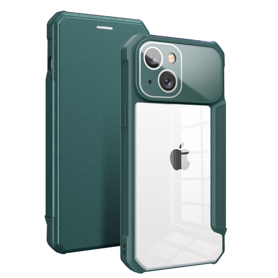 SaniMore for iPhone 14 Plus Case Transparent PC & Soft TPU Built-in Electroplated Lens Ring, Magnetic Flip Cover with Card Slot & Kickstand Shockproof Protective Shell, Darkgreen