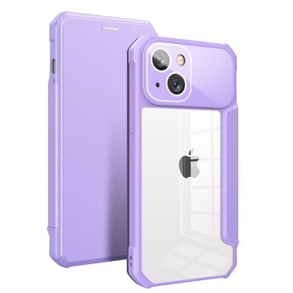 SaniMore for iPhone 14 Plus Case Transparent PC & Soft TPU Built-in Electroplated Lens Ring, Magnetic Flip Cover with Card Slot & Kickstand Shockproof Protective Shell, Purple