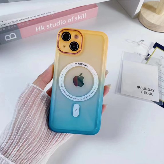 SaniMore for iPhone 14 Plus Magnetic Case Support Wireless Charging, Flexible TPU Transparent Gradient Cover with Tempered Glass Camera Lens Protector Shockproof Protective Shell, Orange+Blue