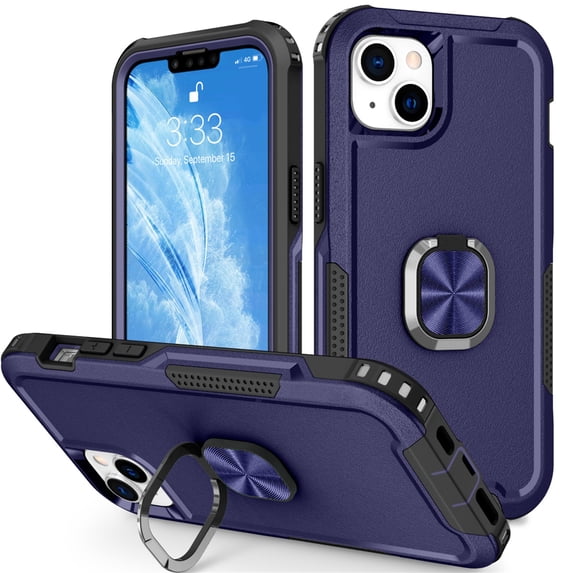 SaniMore for iPhone 14 Plus Multi-Functional Case, 3-Layer Protection Magnetic Cover Support Car Mount & 360° Rotatable Metal Ring Kickstand Full Body Shockproof Protective Shell, Blue