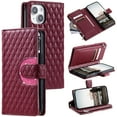 thumbnail image 1 of SaniMore for iPhone 14 Plus PU Leather Case, 3D Lattice Pattern for Girls Card Slots Zipper Purse Glitter Magnetic Clasp Flip Kicstand [Hand Rope] Full Protection Shockproof, Winered, 1 of 15