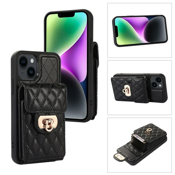 SaniMore for iPhone 14 Plus PU Leather Case, Multi-Functional Metal Snap Wallet Cover with Card Slot & Kickstand Shoulder Strap Full Body Protective Shell for iPhone 14 Plus, Black