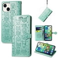 thumbnail image 1 of SaniMore for iPhone 14 Plus PU Leather Flip Wallet Case, Cat Dog Cartoon Cute Style with ID Card Holder Kickstad Cover Case with Wrist Strap for iPhone 14 Plus 6.7" 2022, Green, 1 of 7