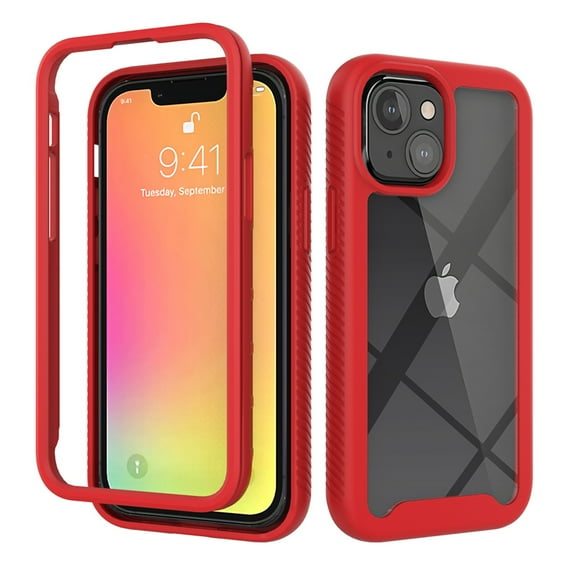 SaniMore for iPhone 14 Plus Two-Layer Structure Transparent Case, Rugged Clear PC Back & TPU Bumper [Not Yellowing Technology] Full Body Protective Case for iPhone 14 Plus, Red