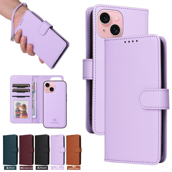 SaniMore for iPhone 14 Plus Wallet Case, Detachable Strong Magnetic PU Leather Flip Cover PU Leather with Magnetic Shell Card Slots Cash Pocket Wristlet Strap Full Body Protective Stand Shell, Purple