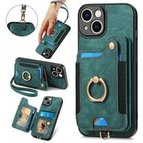 SaniMore for iPhone 14 Plus Wallet Case, [RFID Blocking] Elastic Card Slot Vehicle Magnetic PU Leather Ring Holder & Lanyard Stand Money Pocket Protective Cover for iPhone 14 Plus, Green