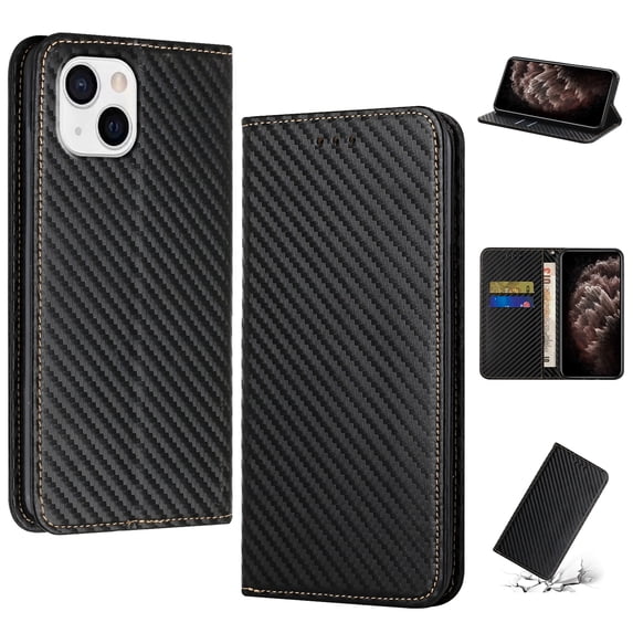 SaniMore for iPhone 14 Plus Wallet Case, Wrist Strap Magnetic Clasp, Card Slots Carbon Fibre Skin Shockproof TPU Anti-drop Anti-scractch Stand Business Full Protective Shell for iPhone 14 Plus, Black