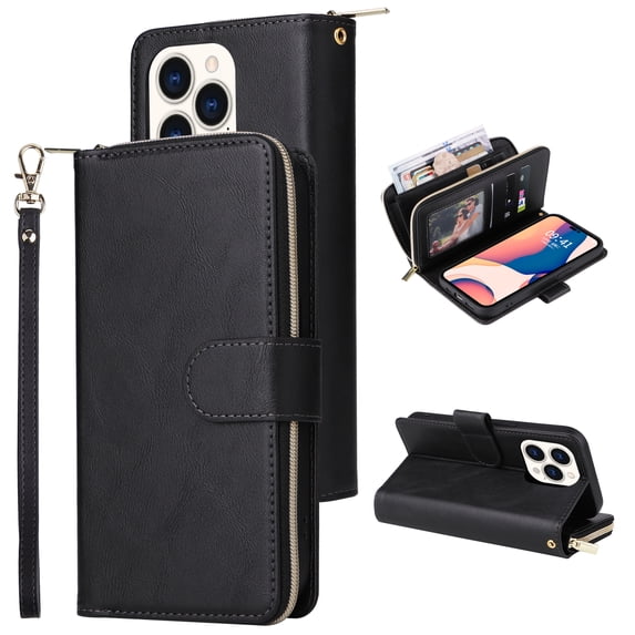 SaniMore for iPhone 14 Pro (6.1" 2022) 3 in 1 Case, Zipper Purse Cover + Card Slots + Kickstand + Detachable Lanyard Comprehensive Protective Shockproof Anti-drop Shell For iPhone 14 Pro, Black