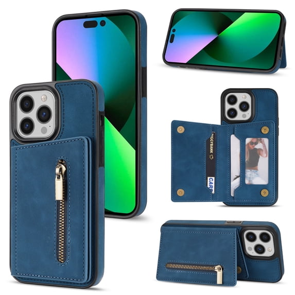 SaniMore for iPhone 14 Pro 6.1" 2022 Back Case with Zipper Card Pokcet Flip Wallet/Kickstand Shock Absorption Anti-fall Retro PU Leather Wear-resistant Shell For iPhone 14 Pro, Blue