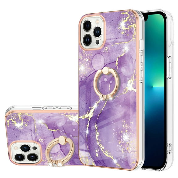 SaniMore for iPhone 14 Pro 6.1" 2022 Case with 360 Degree Rotating Metal Ring Shockproof TPU Backplane Marble Pattern Luxury Fashion Anti-drop Cover for iPhone 14 Pro 6.1" 2022, Purple Marble