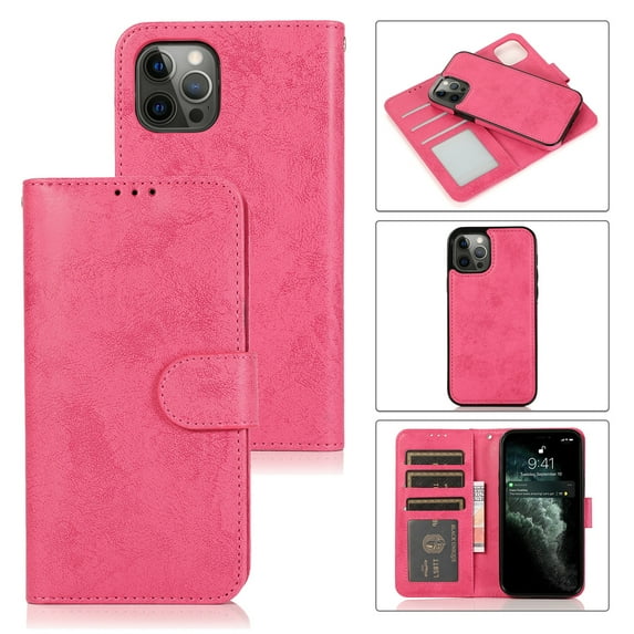 SaniMore for iPhone 14 Pro 6.1" 2022 Case, Flip PU Leather Wallet Cover with Detachable Shell Wrist Strap Kickstand Card Slots Business Shockproof Case with Magnetic Clasp for iPhone 14 Pro, Rose