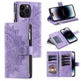 thumbnail image 1 of SaniMore for iPhone 14 Pro 6.1" 2022 Case, Luxury PU Leather Skin with Emboss Totem Detachable Crossbody Strap + Zipper Cash Pokcet Card Holder Flip Kickstand Wallet Cover for iPhone 14 Pro, Purple, 1 of 9