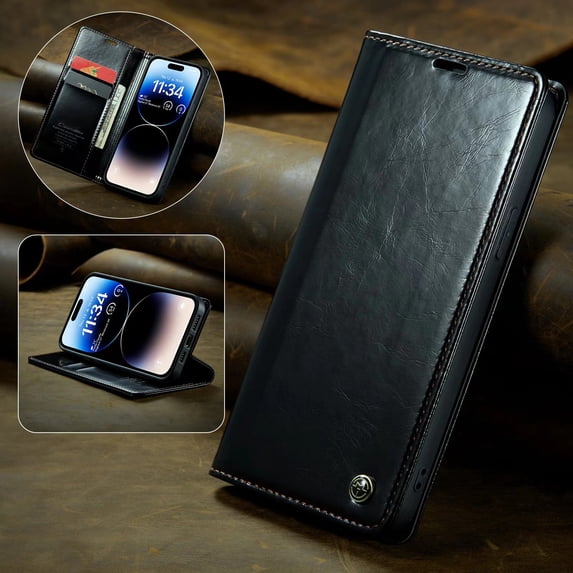 SaniMore for iPhone 14 Pro (6.1" 2022) Case, PU Leather Auto-magnet Full Protection Flip Kickstand Card & Cash Slots, Retro Shockproof Anti-fall Wallet Business Shell for iPhone 14 Pro, Black