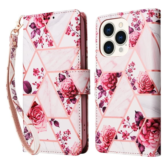 SaniMore for iPhone 14 Pro 6.1" 2022 Case, PU Leather Luxury Marble Flip Cover with Detachable Wrist Strap Card Slot Kickstand Shockproof Magnetic Buckle Protective Shell For iPhone 14 Pro, Rosegold