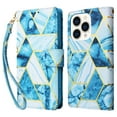 thumbnail image 1 of SaniMore for iPhone 14 Pro 6.1" 2022 Case, PU Leather Luxury Marble Flip Cover with Detachable Wrist Strap Card Slot Kickstand Shockproof Magnetic Buckle Protective Shell For iPhone 14 Pro, Blue, 1 of 8