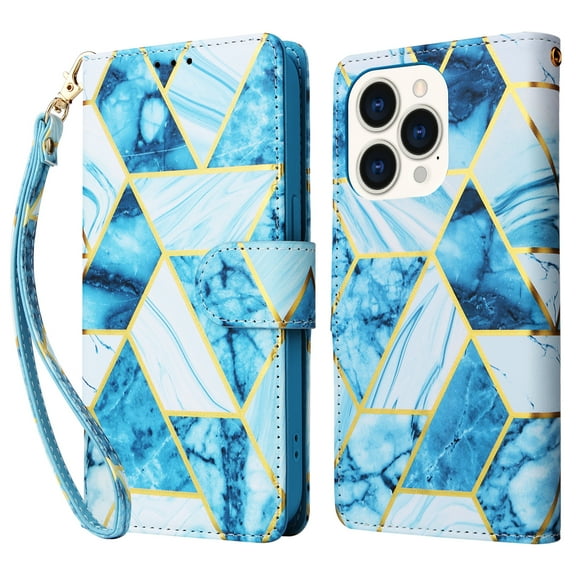 SaniMore for iPhone 14 Pro 6.1" 2022 Case, PU Leather Luxury Marble Flip Cover with Detachable Wrist Strap Card Slot Kickstand Shockproof Magnetic Buckle Protective Shell For iPhone 14 Pro, Blue