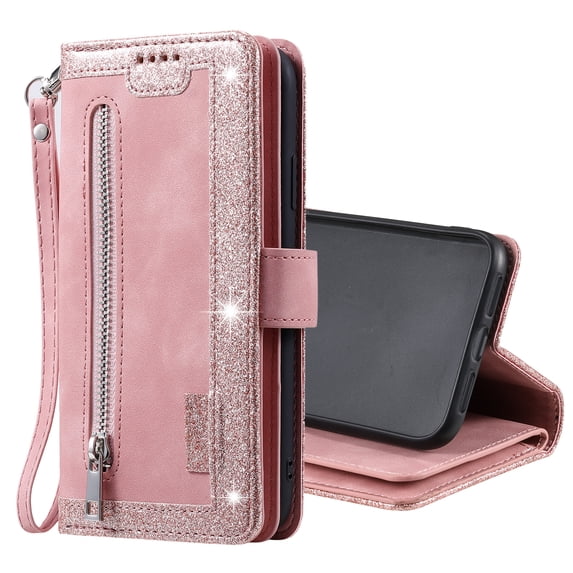 SaniMore for iPhone 14 Pro 6.1" 2022 Case, Prumium Leather Zipper Wallet Card Slots Cash Pocket Flip Kickstand Lanyard Anti-drop Shcokproof Full Body Wrap Business Case for iPhone 14 Pro, Rosegold