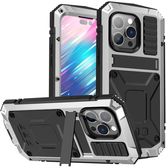 SaniMore for iPhone 14 Pro 6.1" 2022 Tri-layer Case with Wireless Charging Tempered Glass Screen Protector Hidden Bracket Drop Resistant Heavy Duty Protective Case For Apple iPhone 14 Pro, Silver