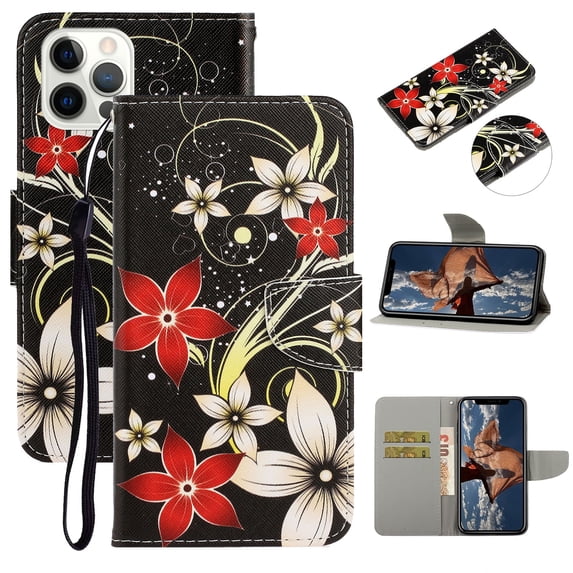SaniMore for iPhone 14 Pro 6.1" 2022 Wallet Case, Color Painting Pattern with Kickstand Card Slots Detachable Wrist Strap Grils Women PU Leather Case Magnetic Clasp For iPhone 14 Pro, Red Flowers
