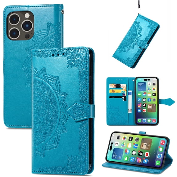 SaniMore for iPhone 14 Pro 6.1" 2022 Wallet Case with Embossed Mandala PU Leather Flip Protection Wrist Strap Credit Card Holder Pocket Kickstand Shockproof Case for iPhone 14 Pro 6.1" 2021, Blue