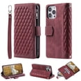thumbnail image 1 of SaniMore for iPhone 14 Pro (6.1" 2022) Wallet Case with Wrist/Crossbody Lanyard, 3D Lattice PU Leather Flip Kickstand Zipper Purse & Card Slots Magnetic Clasp Shockproof TPU Shell Anti-drop - Winered, 1 of 9