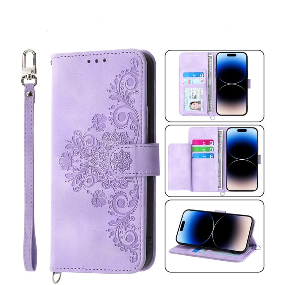 SaniMore for iPhone 14 Pro 6.1" Magnetic Flip Wallet Case with Cross Body Strap, PU Leather Case with Card Slot & Multi-Angle Kickstand Shockproof Protective Case for Girls Ladies, Purple