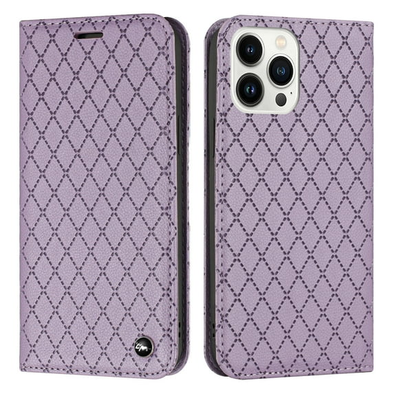 SaniMore for iPhone 14 Pro 6.1" Magnetic Flip Wallet Embossing Case, Premium PU Leather Case with 2 Card Slots & Multi-Angle Kickstand Full Body Protective Case for Ladies Men, Purple