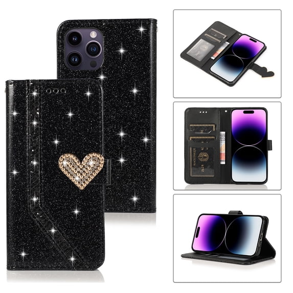 SaniMore for iPhone 14 Pro 6.1" Magnetic Glitter Love Flip Wallet Case with Card Slot & Kickstand, Premium PU Leather Case with Wrist Strap Shockproof Protective Case for Women Ladies Girls, Black